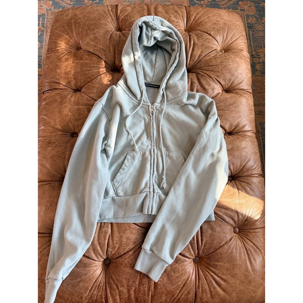 Brandy Melville Crystal Hoodie Sage Green Zip Up Cropped Sweatshirt One Size